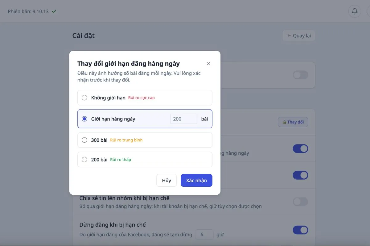 Cài giới hạn số bài đăng mỗi ngày kèm mức rủi ro tương ứng